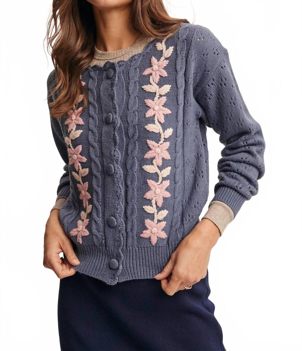 NEW FORTE floral embroidered knit cardigan in denim blue